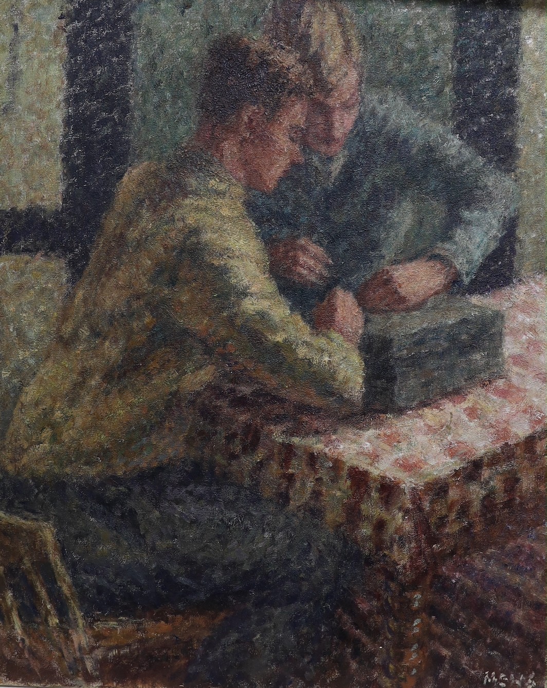 Modern British, oil on canvas, impressionist style, two boys seated at a table playing, signed Mews, unframed, 61 x 51cm